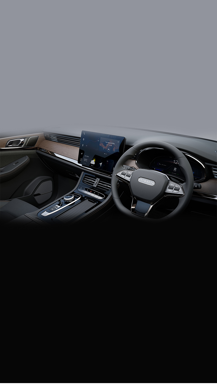 Skyworth E6 interior — cabin and SKYWORTH-branded steering